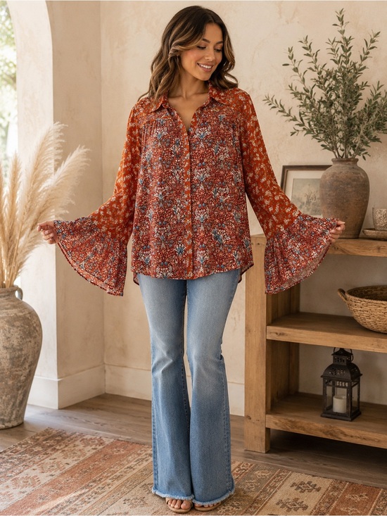 Umgee Tops - Umgee Rust Floral Button-Down Bell Sleeve Top